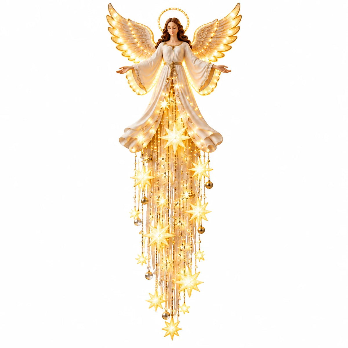 Front view of a lighted Christmas angel hanging ornament with outstretched golden wings, a white gown and cascading star-shaped LED lights.