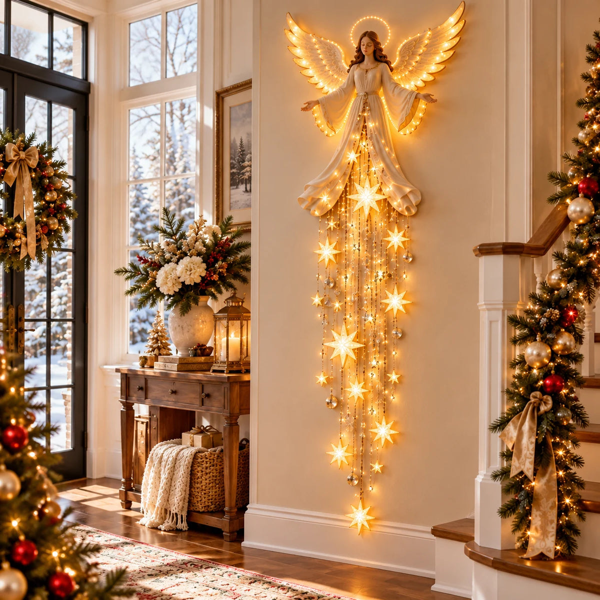 Lighted Christmas angel wall hanging with glowing golden wings, warm white LED stars and elegant holiday home decor.