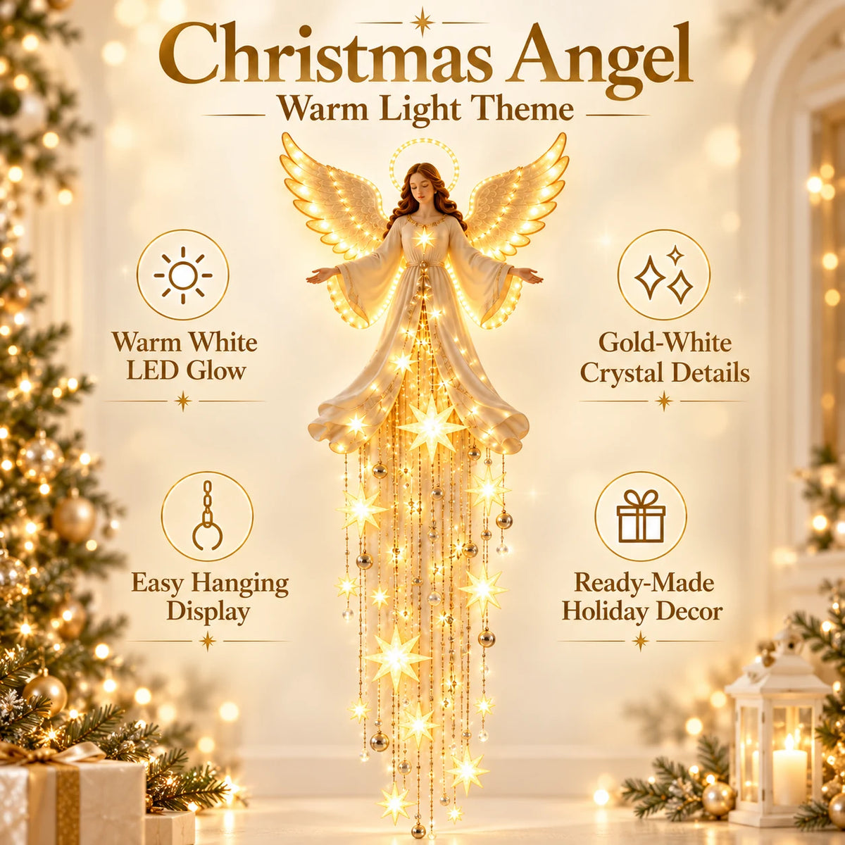 Christmas angel lighted wall hanging with warm white LED glow, gold and white crystal bead details and an easy-to-hang design.