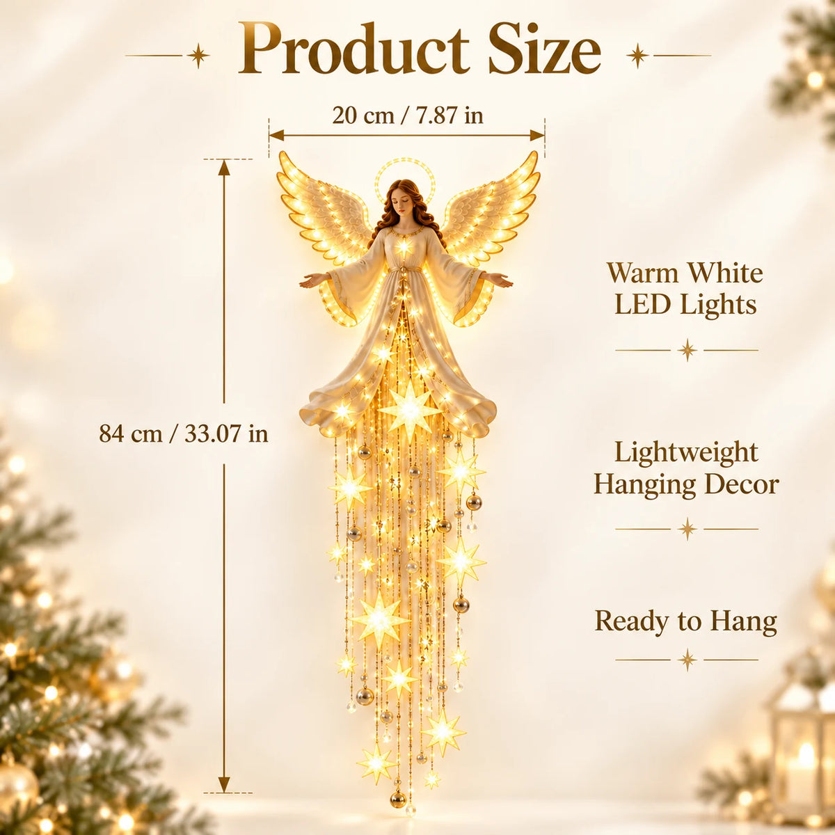 Christmas angel wall decoration size guide showing approximately 20 cm wide and 84 cm tall, with warm white LED star lights.