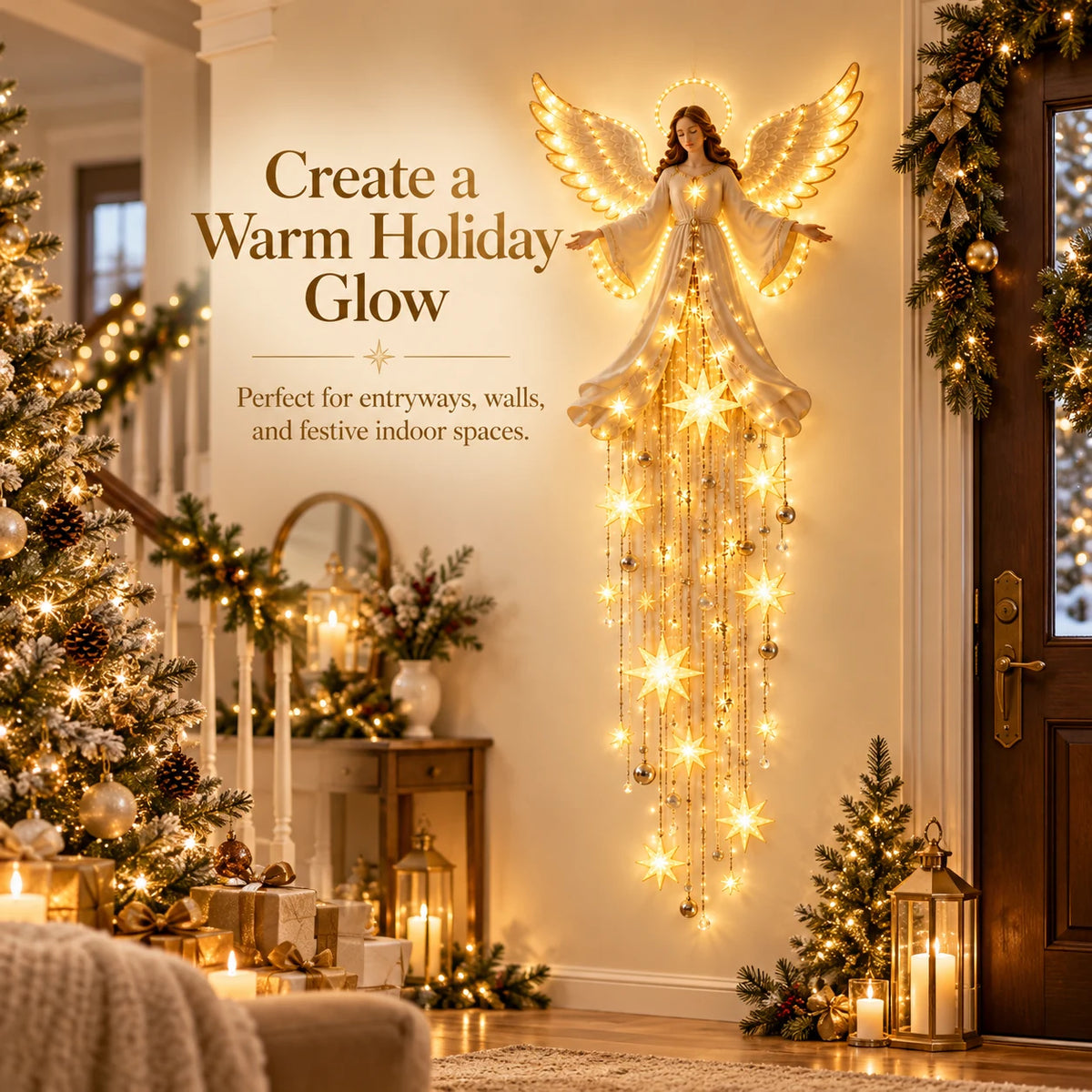 Warm glowing Christmas angel wall hanging displayed in a festive home entryway with Christmas trees, golden lights and holiday decorations.