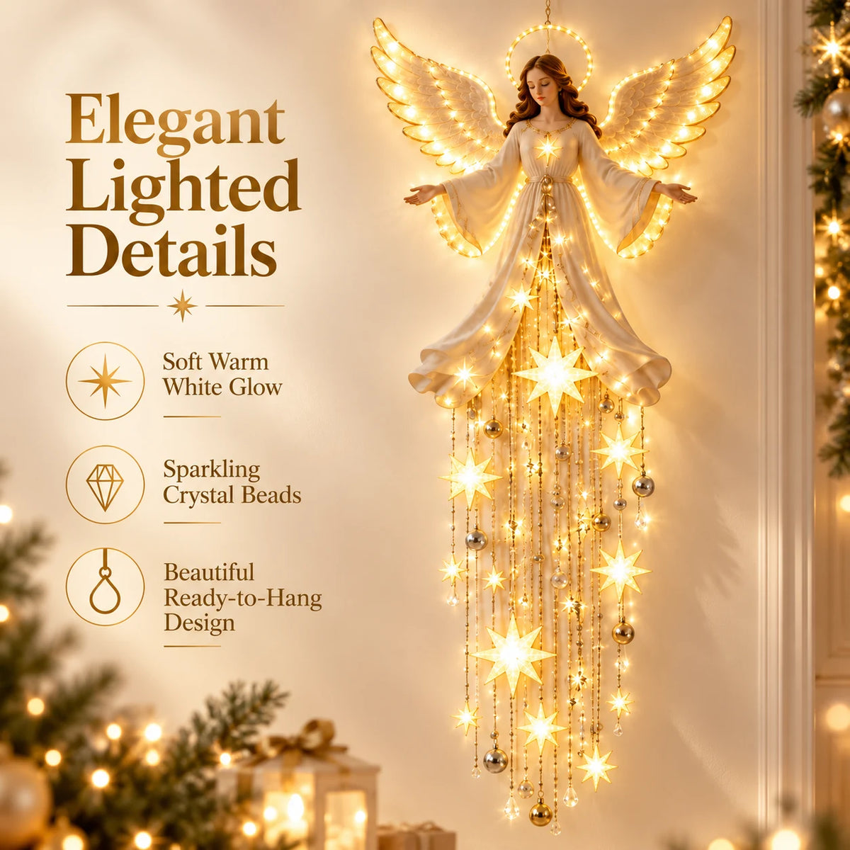 Close-up of a lighted Christmas angel decoration showing golden wings, sparkling crystal beads and cascading warm white star lights.