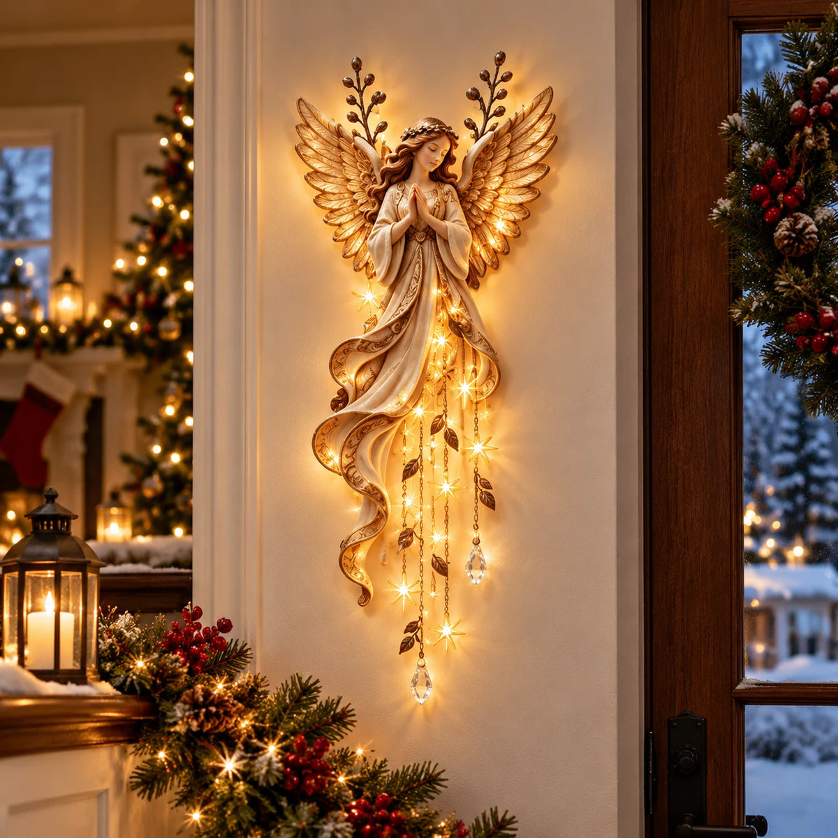 Glowing Christmas angel hanging decoration with golden wings and cascading star lights displayed beside a festive front door.