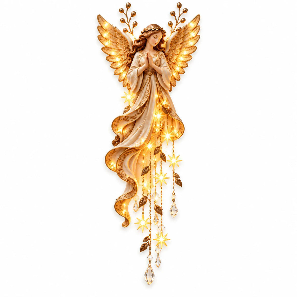 Golden winged Christmas angel wall hanging with a praying figure, illuminated star accents, crystal drops and elegant holiday detailing on a white background.