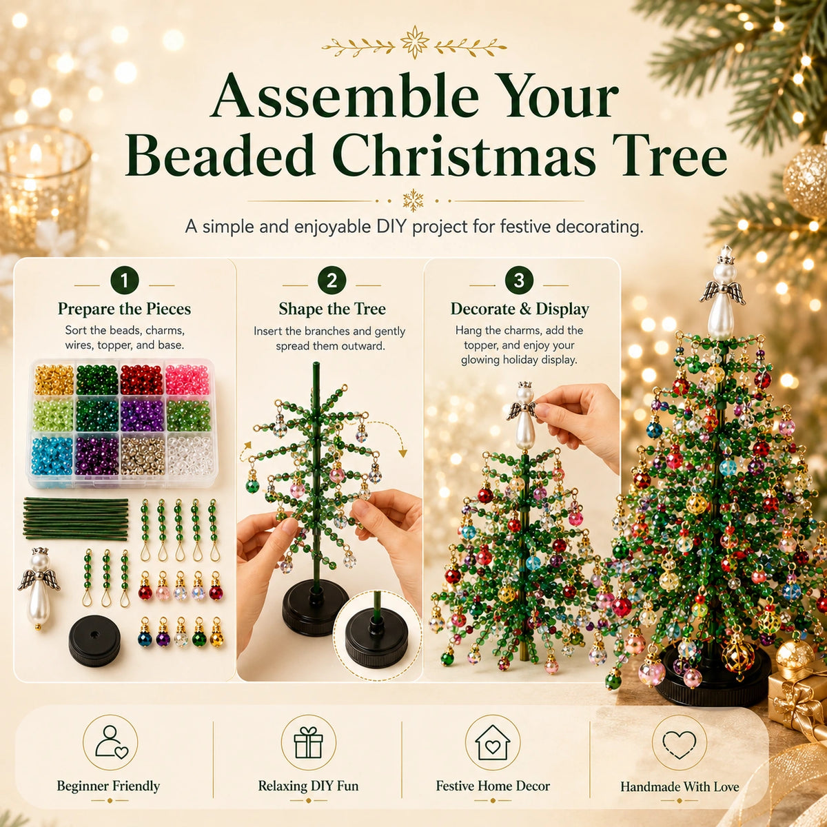 DIY Beaded Holiday Tree Kit – Handmade Tabletop Decoration