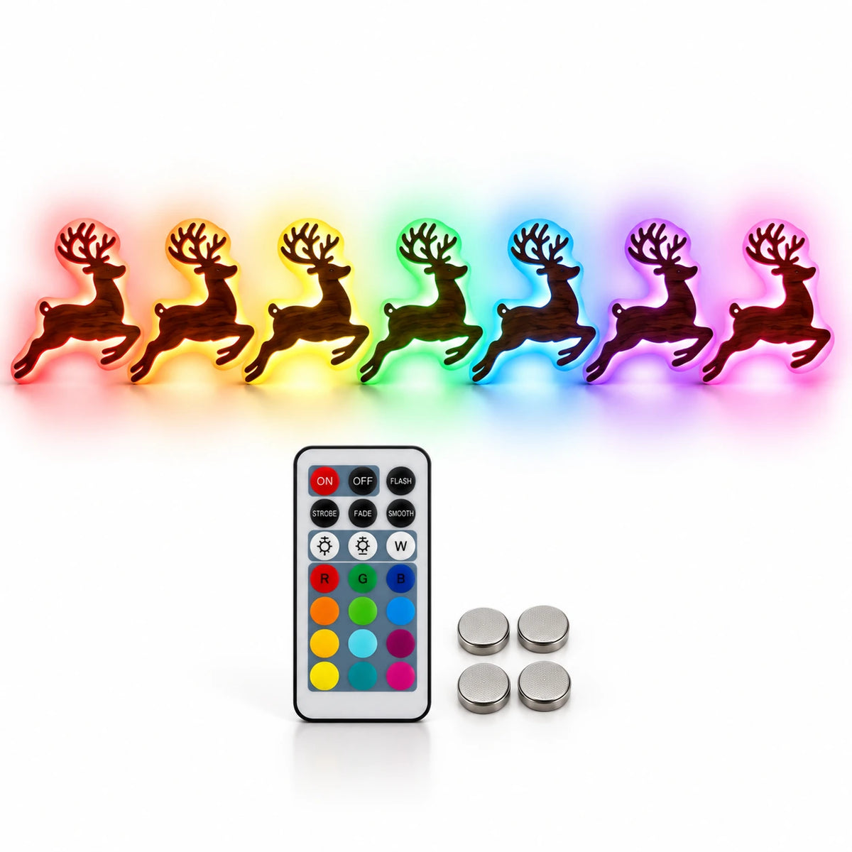 Set of seven RGB LED reindeer Christmas wall lights with colorful red, yellow, green, blue, purple and pink illumination, including a remote control and four batteries.