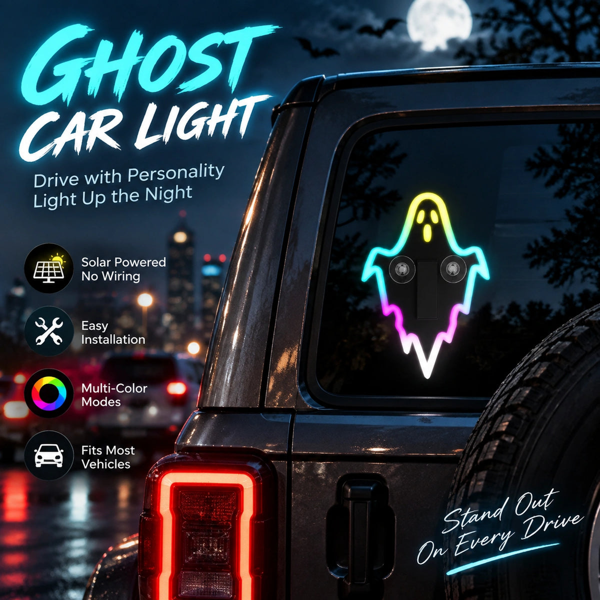 Solar Powered Halloween Car Window LED Light – RGB Ghost, Bat & Demon Eye Decoration