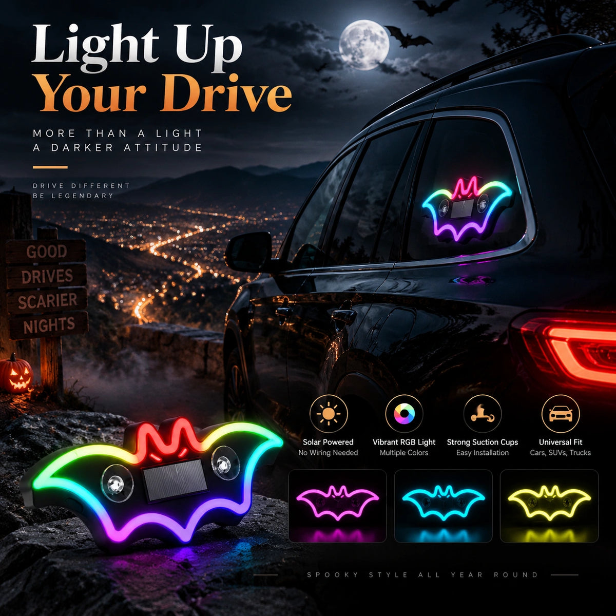 Solar Powered Halloween Car Window LED Light – RGB Ghost, Bat & Demon Eye Decoration