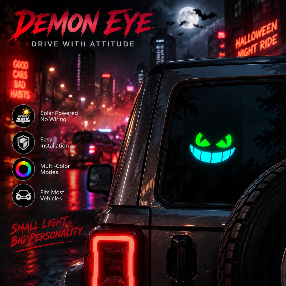 Solar Powered Halloween Car Window LED Light – RGB Ghost, Bat & Demon Eye Decoration