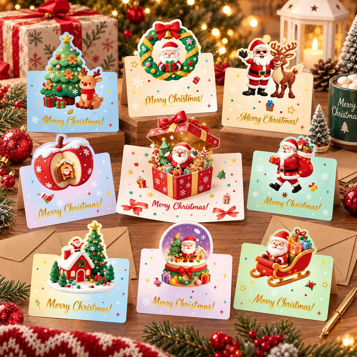 3D Pop-Up Christmas Greeting Card Set with Envelopes – Holiday Handmade Cards Collection
