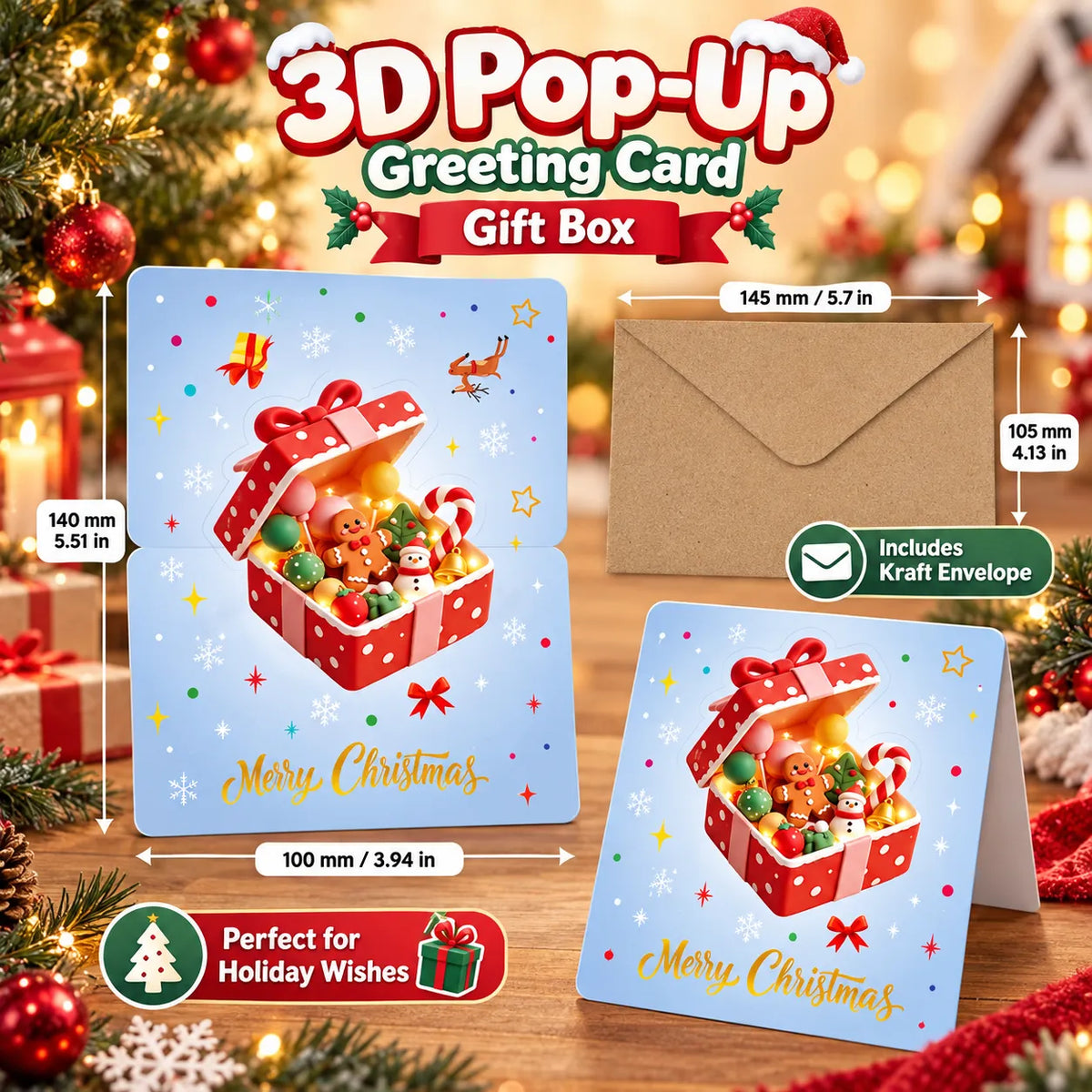 3D Pop-Up Christmas Greeting Card Set with Envelopes – Holiday Handmade Cards Collection