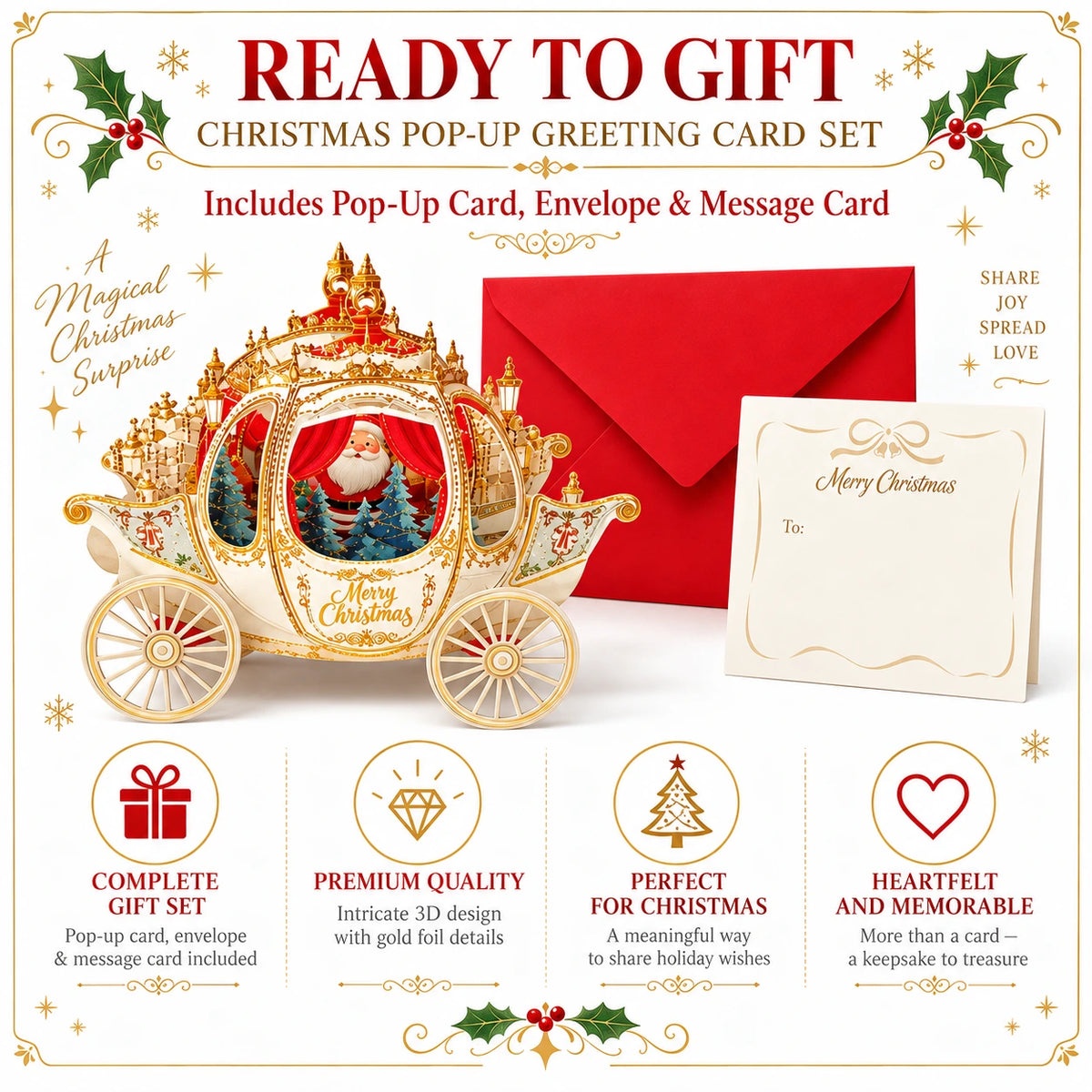 3D Christmas Carriage Pop-Up Greeting Card – Luxury Gold Foil Holiday Card with Envelope & Message Card