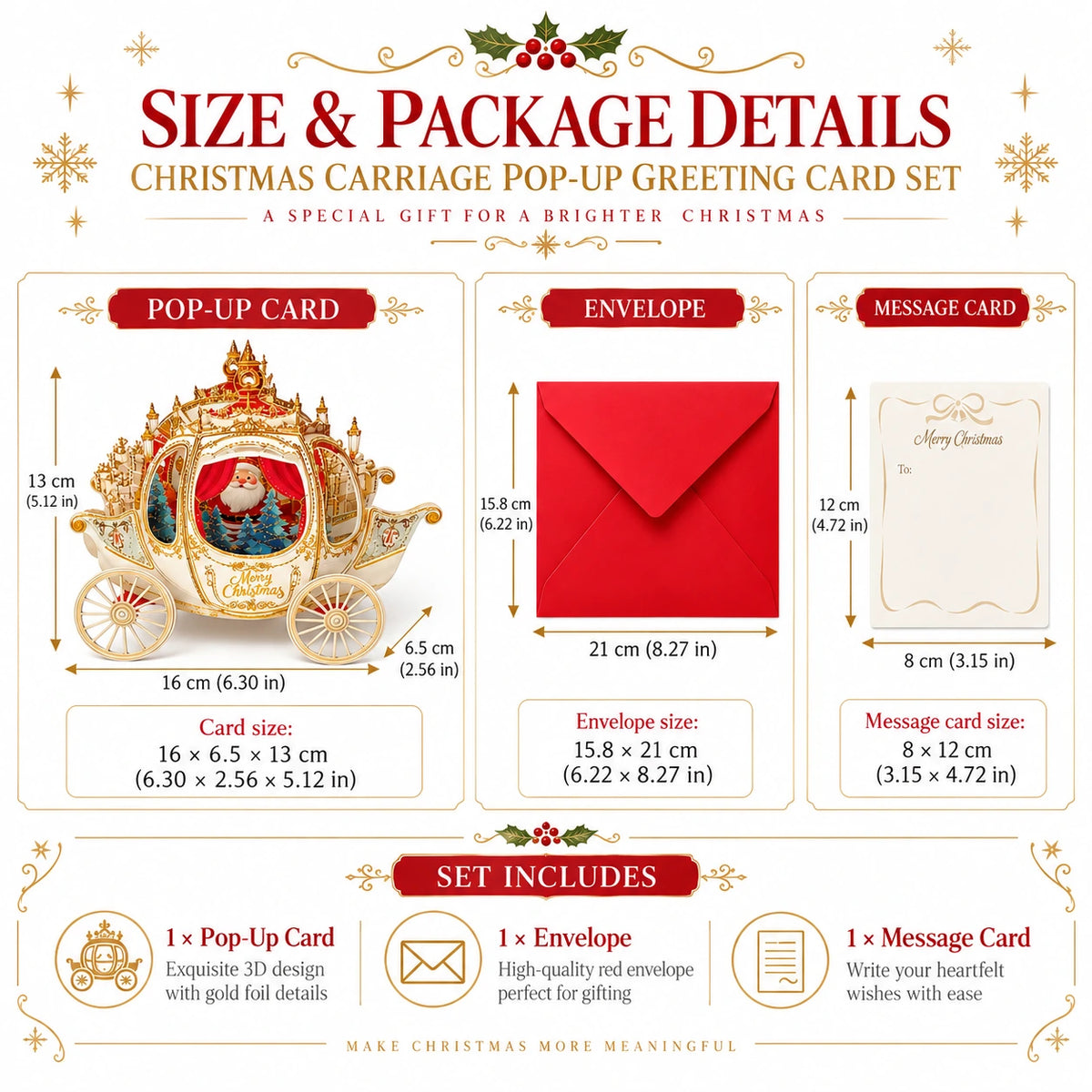 3D Christmas Carriage Pop-Up Greeting Card – Luxury Gold Foil Holiday Card with Envelope & Message Card