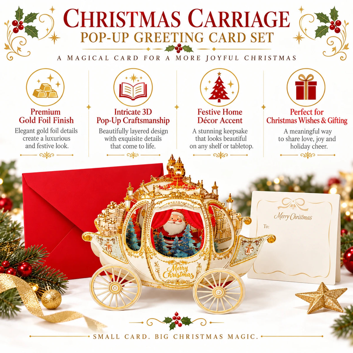 3D Christmas Carriage Pop-Up Greeting Card – Luxury Gold Foil Holiday Card with Envelope & Message Card