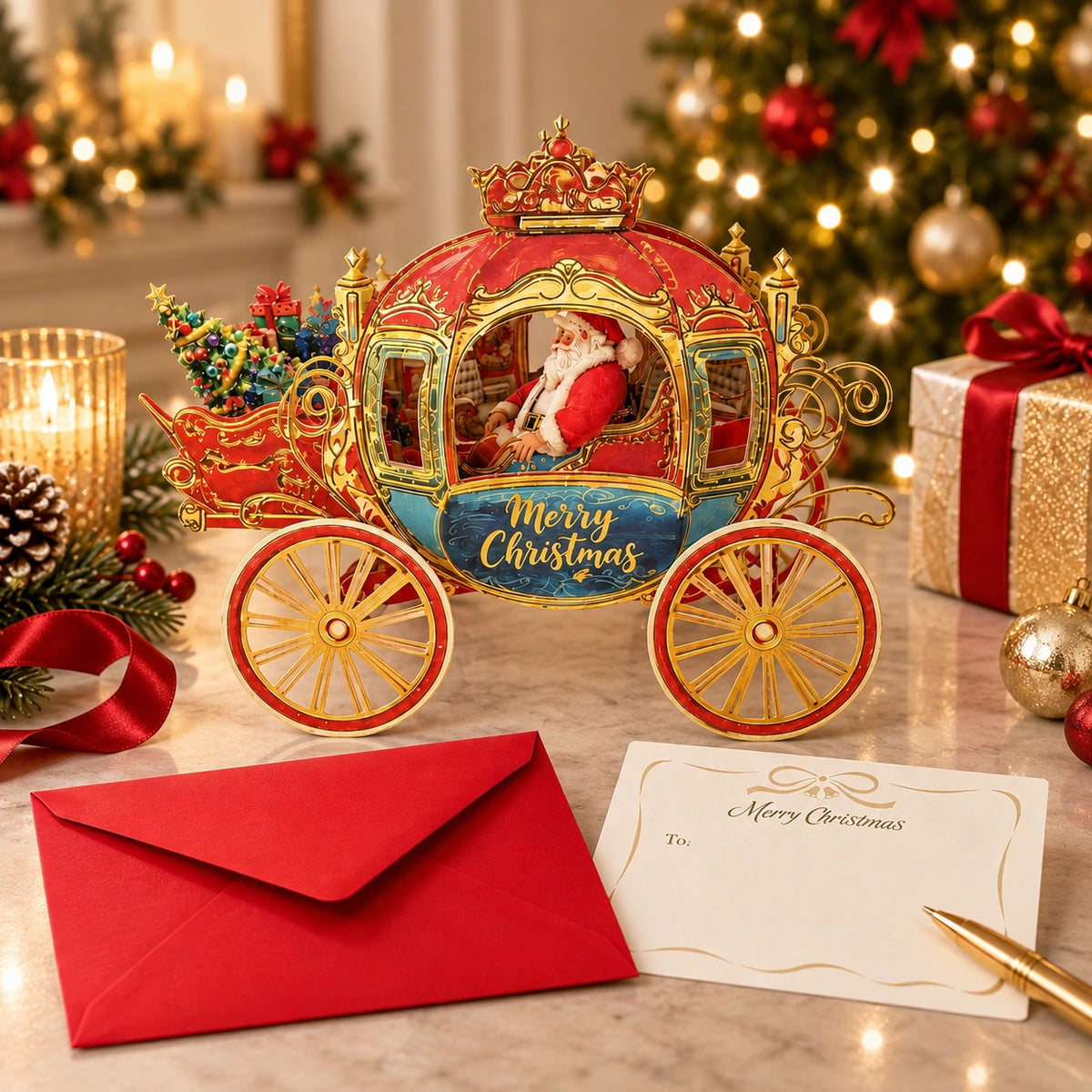 3D Christmas Carriage Pop-Up Greeting Card – Luxury Gold Foil Holiday Card with Envelope & Message Card