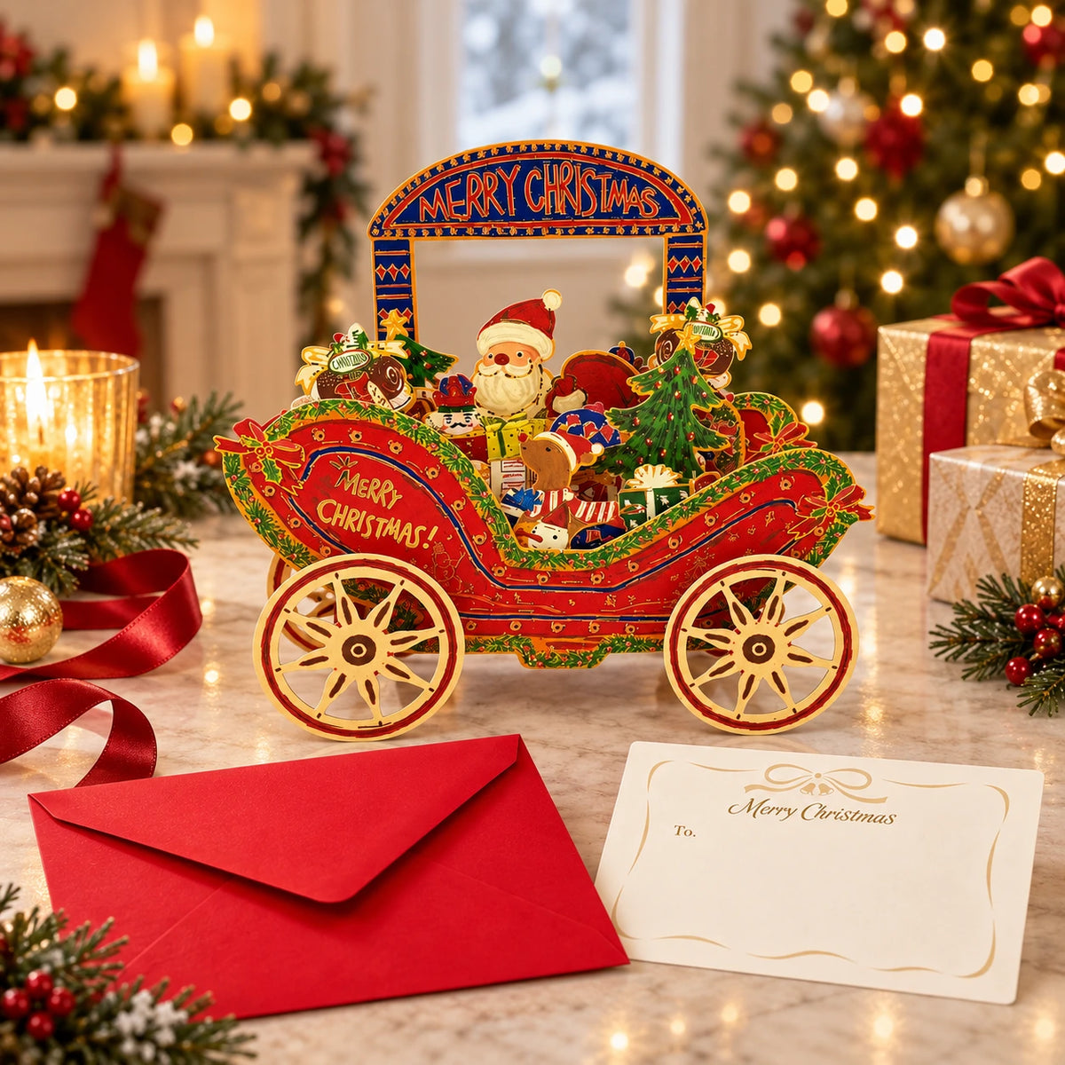 3D Christmas Carriage Pop-Up Greeting Card – Luxury Gold Foil Holiday Card with Envelope & Message Card
