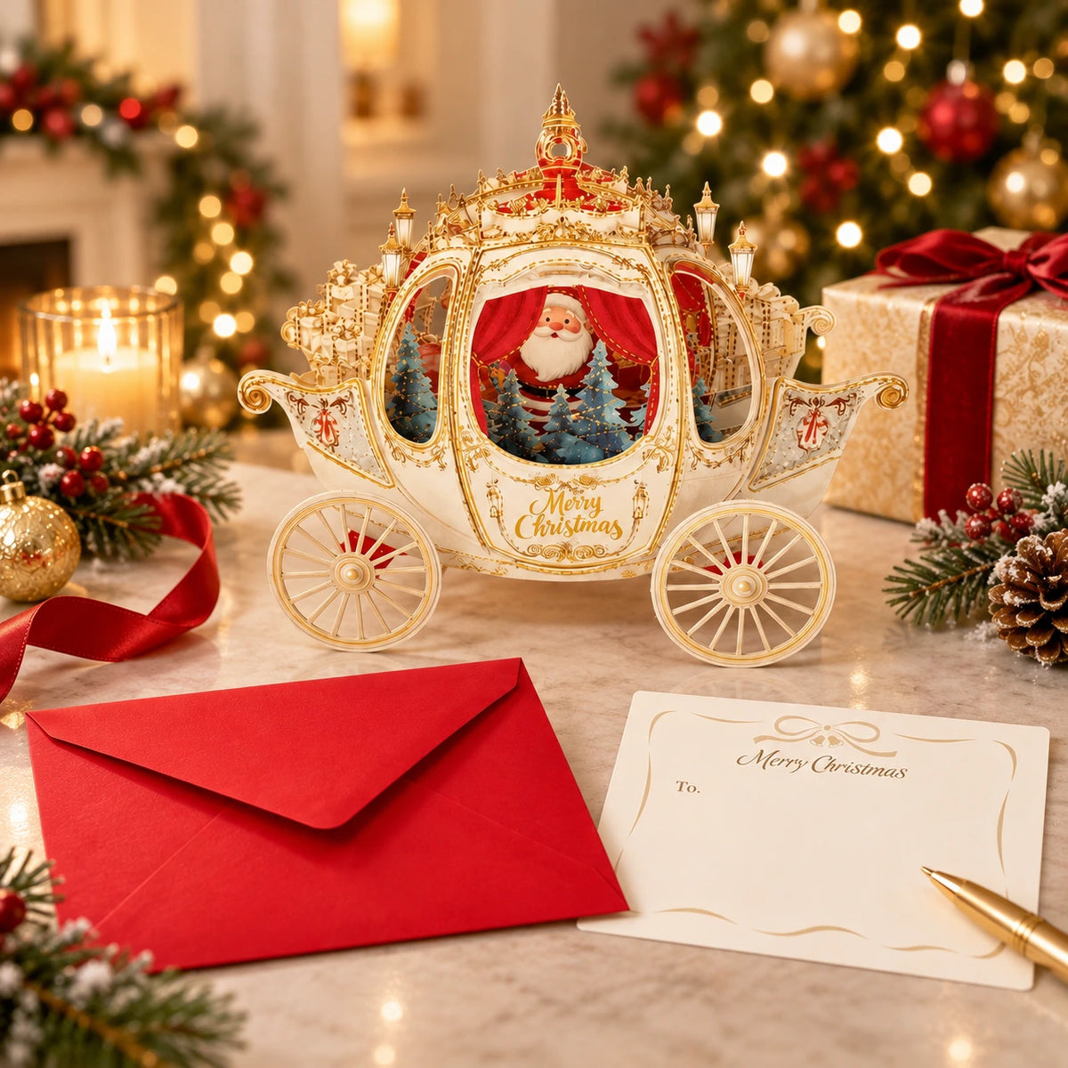 3D Christmas Carriage Pop-Up Greeting Card – Luxury Gold Foil Holiday Card with Envelope & Message Card