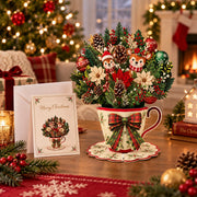 3D Pop-Up Christmas Teacup Bouquet Card – Elegant Holiday Flower Greeting Card Gift