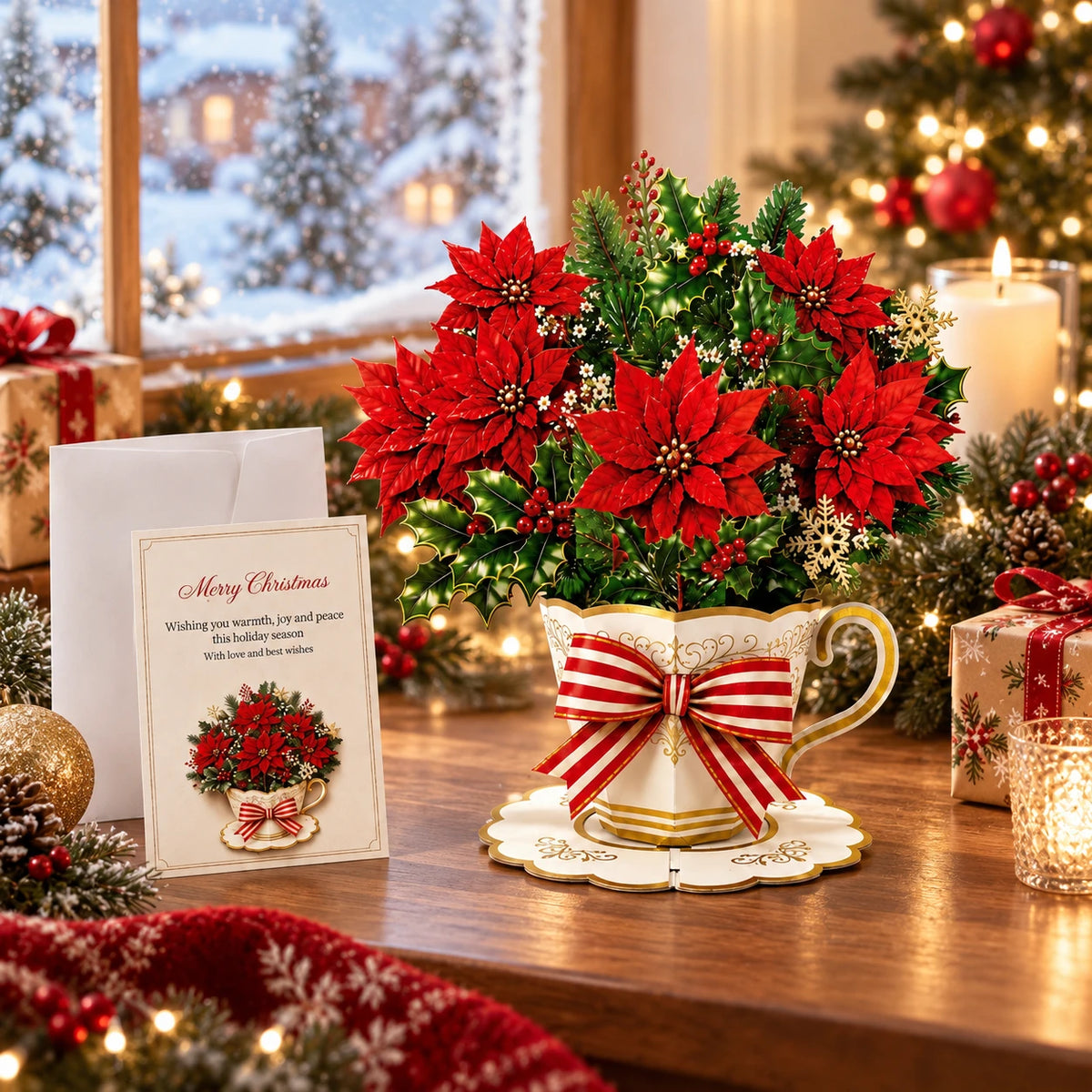 3D Pop-Up Christmas Teacup Bouquet Card – Elegant Holiday Flower Greeting Card Gift