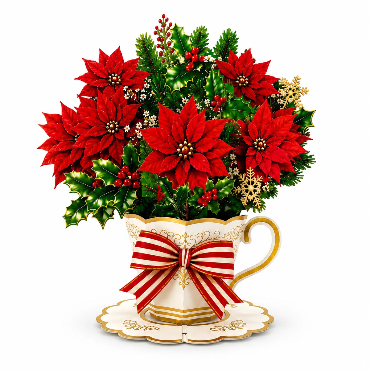 3D Pop-Up Christmas Teacup Bouquet Card – Elegant Holiday Flower Greeting Card Gift