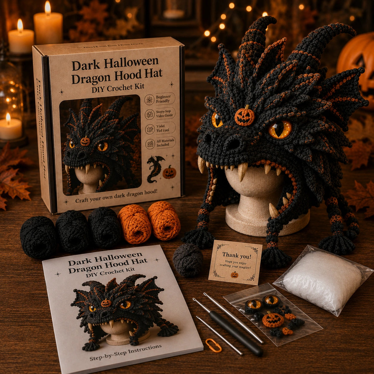 Halloween Monster Hood Hat DIY Crochet Kit – Spooky Handmade Costume Craft Setv