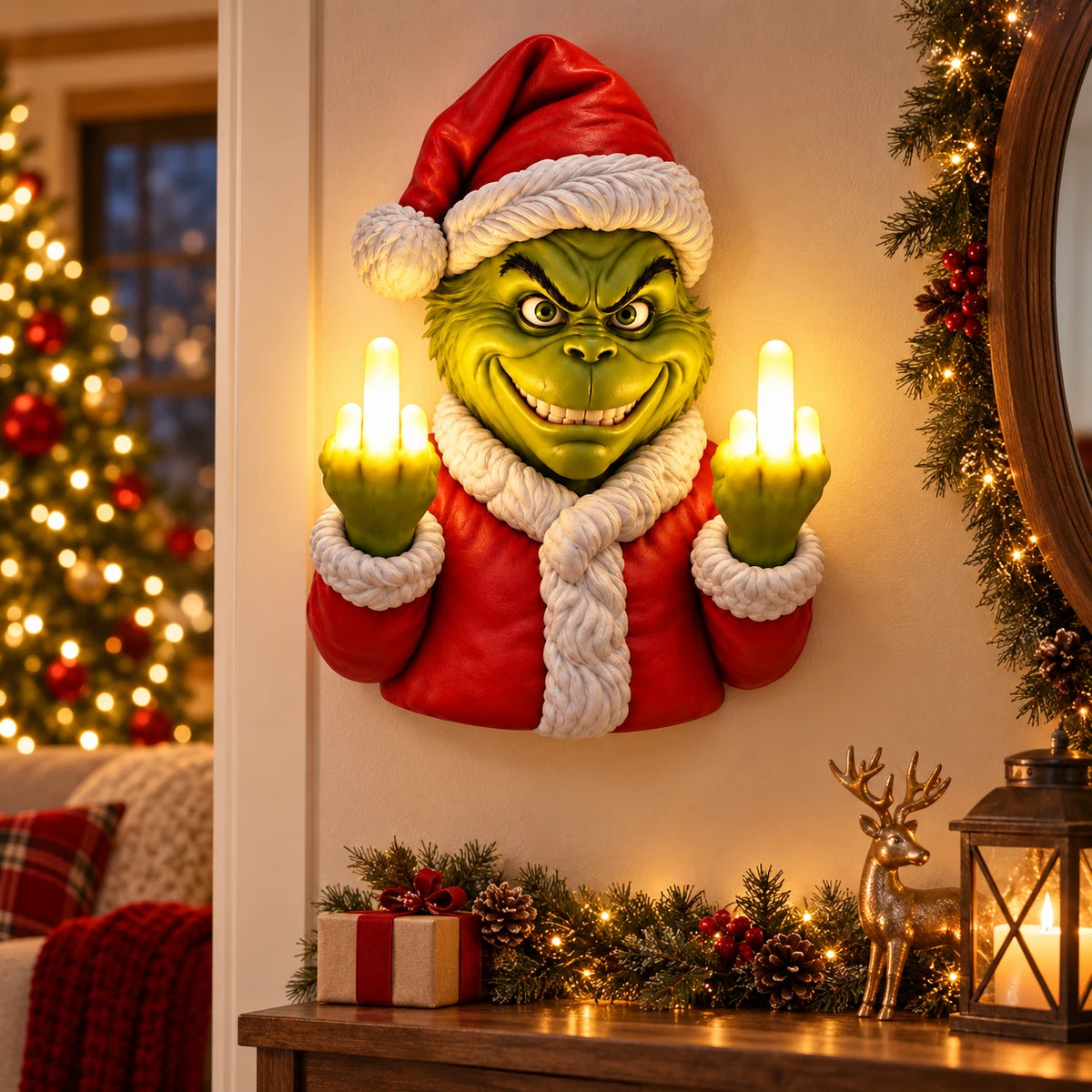 Naughty Christmas Glow – Funny Grinch Wall Light Decoration