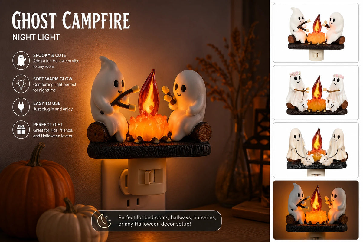 Cute Ghost Campfire Night Light – Cozy Halloween Plug-In Decor