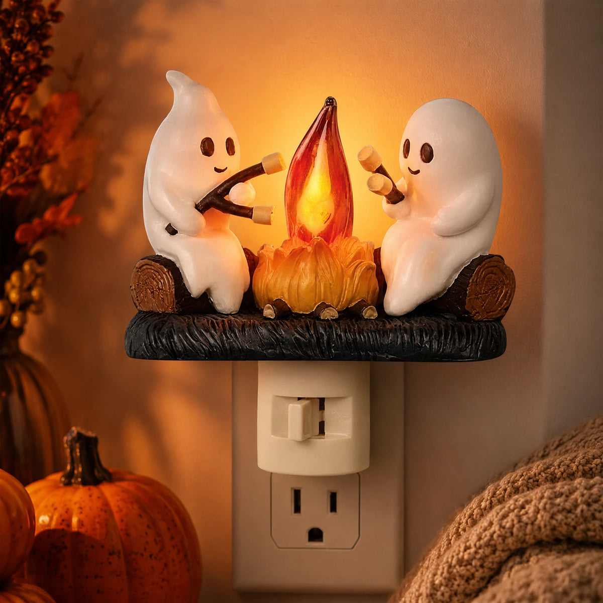 Cute Ghost Campfire Night Light – Cozy Halloween Plug-In Decor