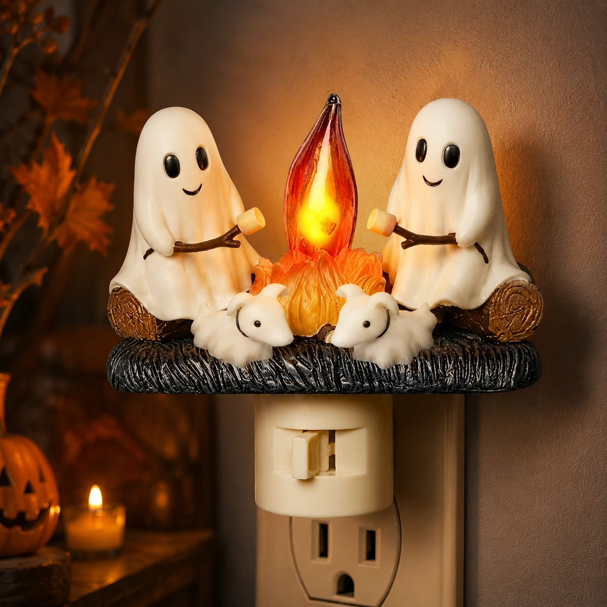 Cute Ghost Campfire Night Light – Cozy Halloween Plug-In Decor