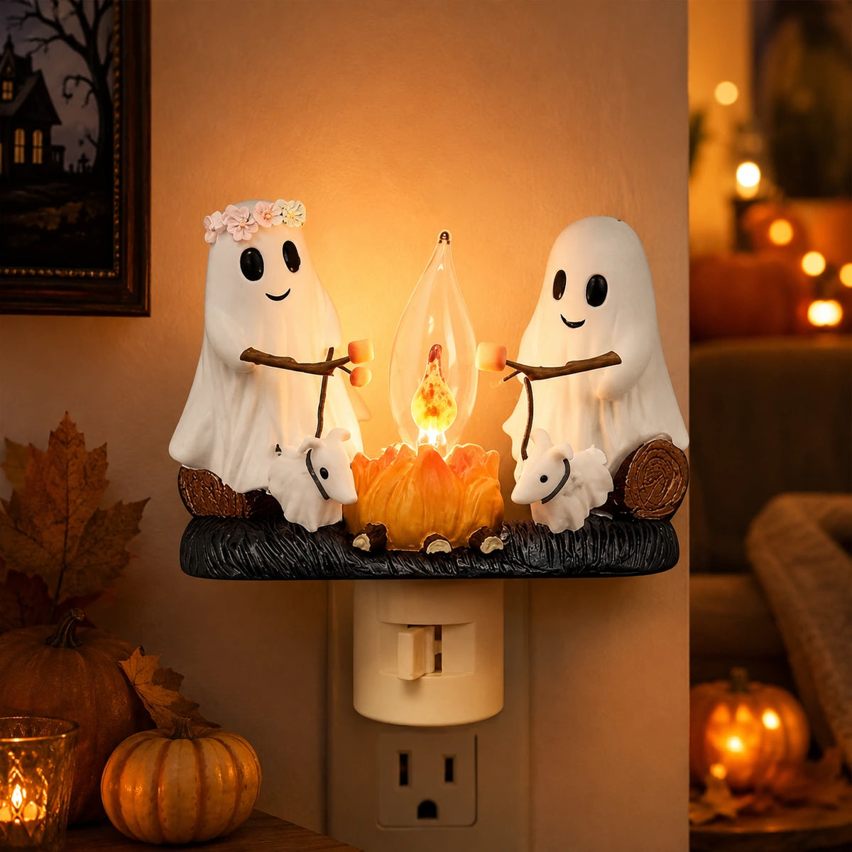 Cute Ghost Campfire Night Light – Cozy Halloween Plug-In Decor