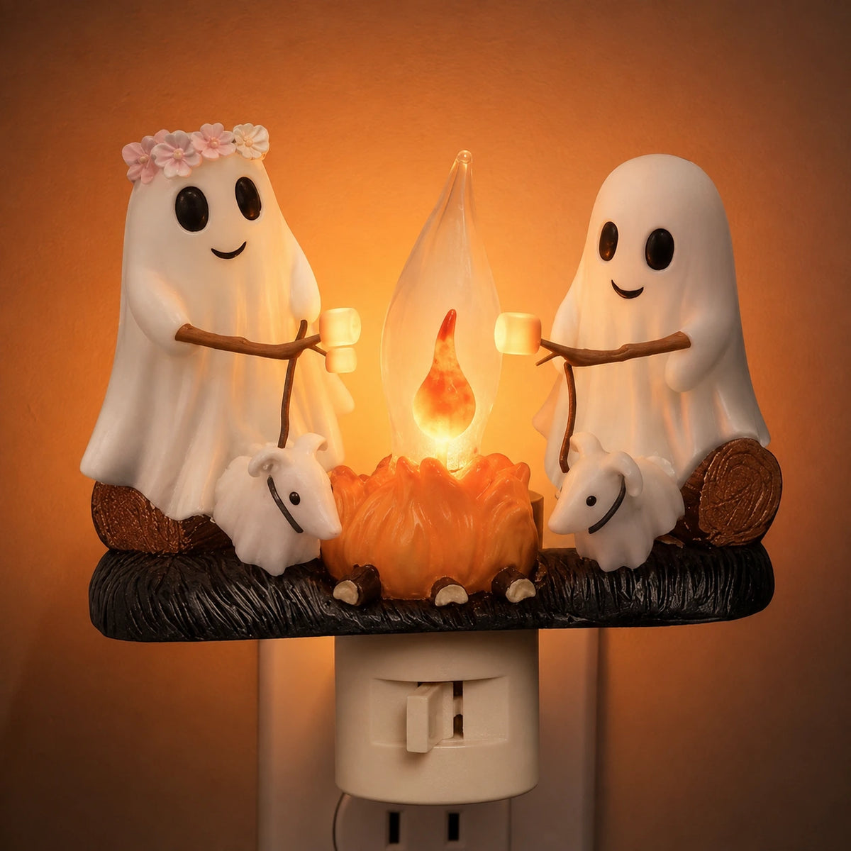 Cute Ghost Campfire Night Light – Cozy Halloween Plug-In Decor