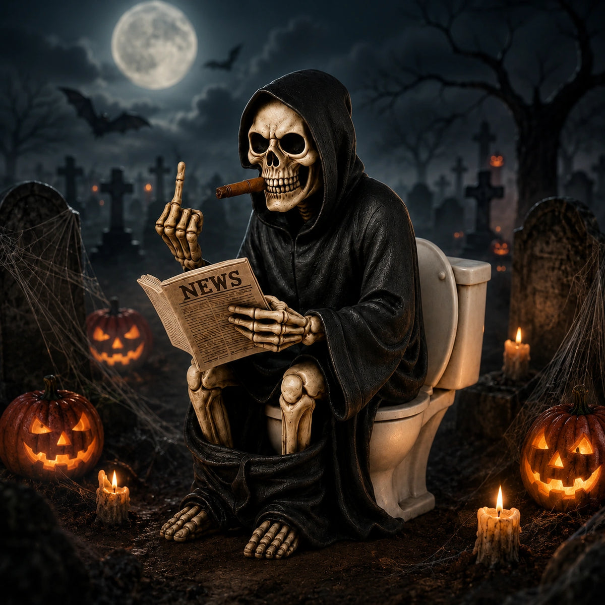 Grim Reaper Toilet Resin Statue – Funny Skeleton Halloween Decor