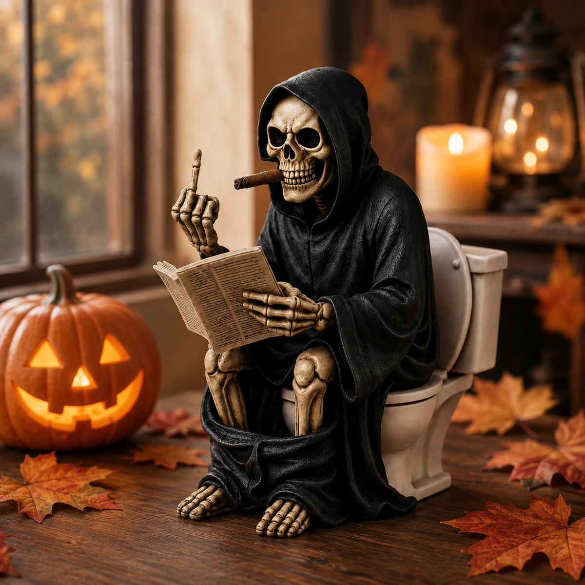 Grim Reaper Toilet Resin Statue – Funny Skeleton Halloween Decor