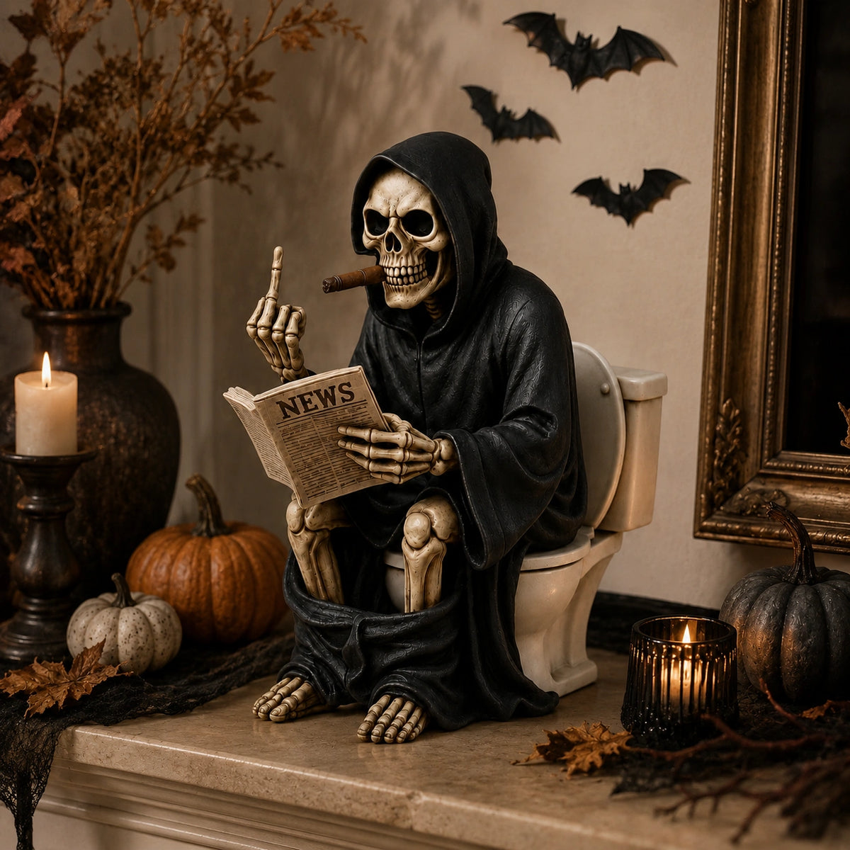 Grim Reaper Toilet Resin Statue – Funny Skeleton Halloween Decor