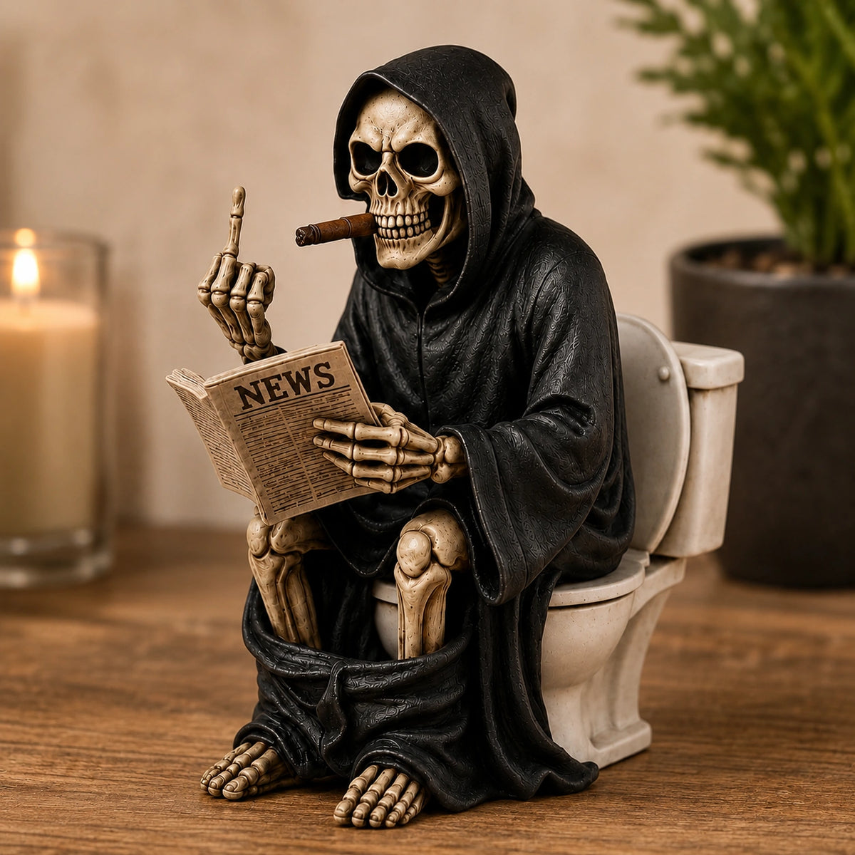 Grim Reaper Toilet Resin Statue – Funny Skeleton Halloween Decor