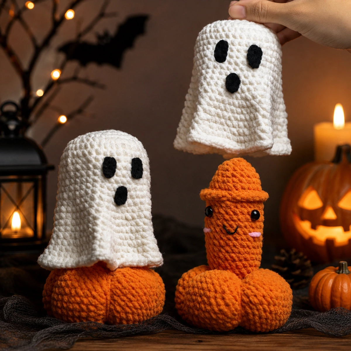 Handmade Crochet Halloween Ghost & Pumpkin Decor – Cute Spooky Tabletop Ornament