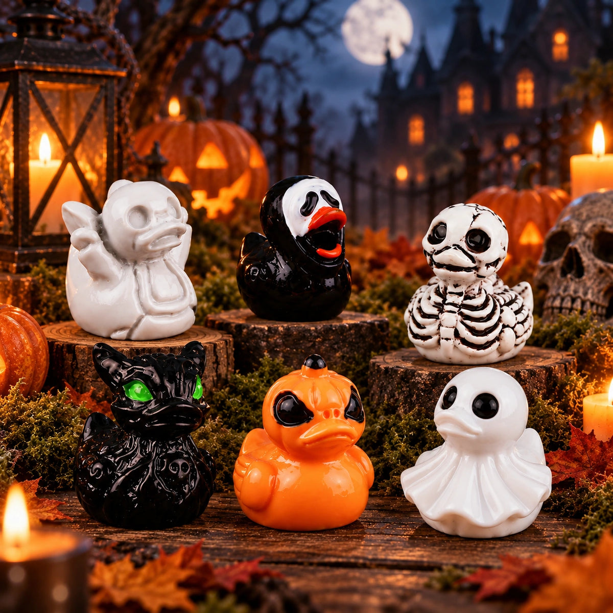 Halloween Resin Duck Figurines – Spooky Ghost, Skeleton & Pumpkin Mini Decorations