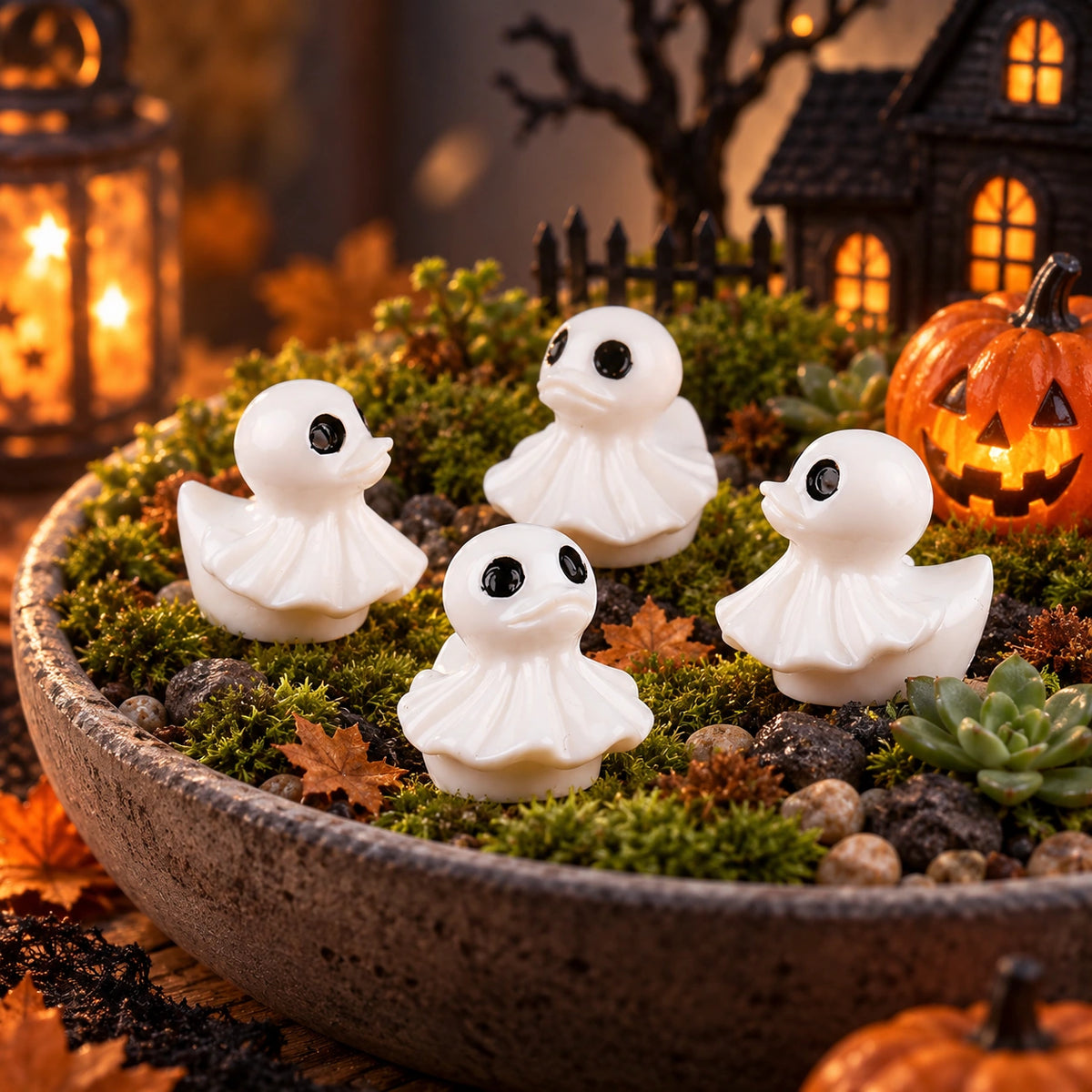 Halloween Resin Duck Figurines – Spooky Ghost, Skeleton & Pumpkin Mini Decorations