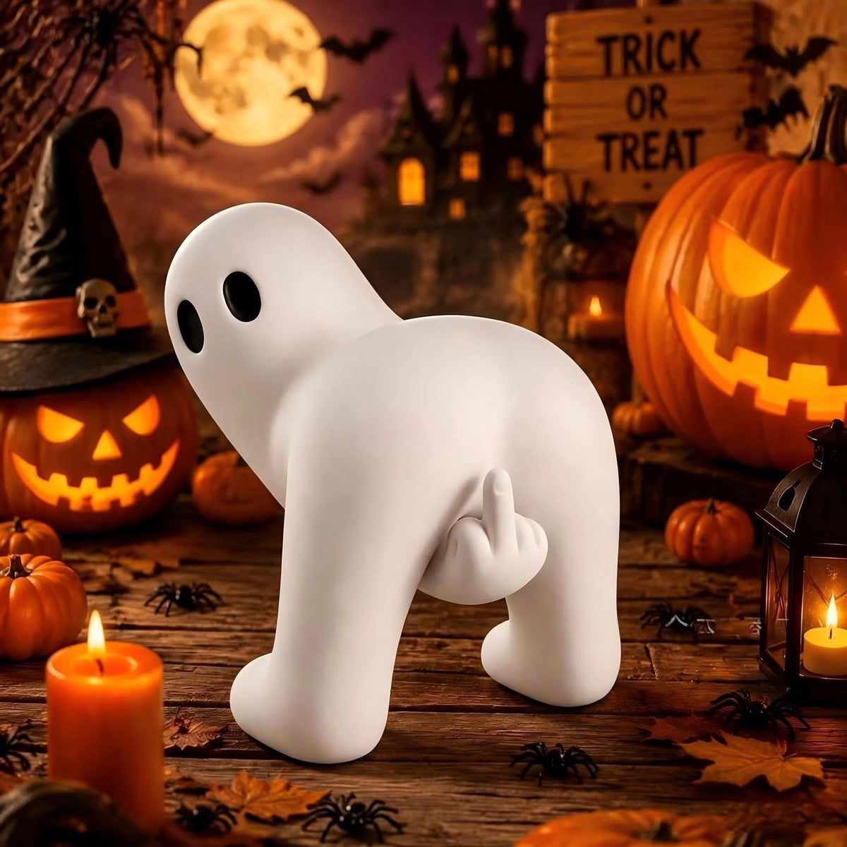 Funny Middle Finger Ghost Figurine – Halloween Desktop Decor