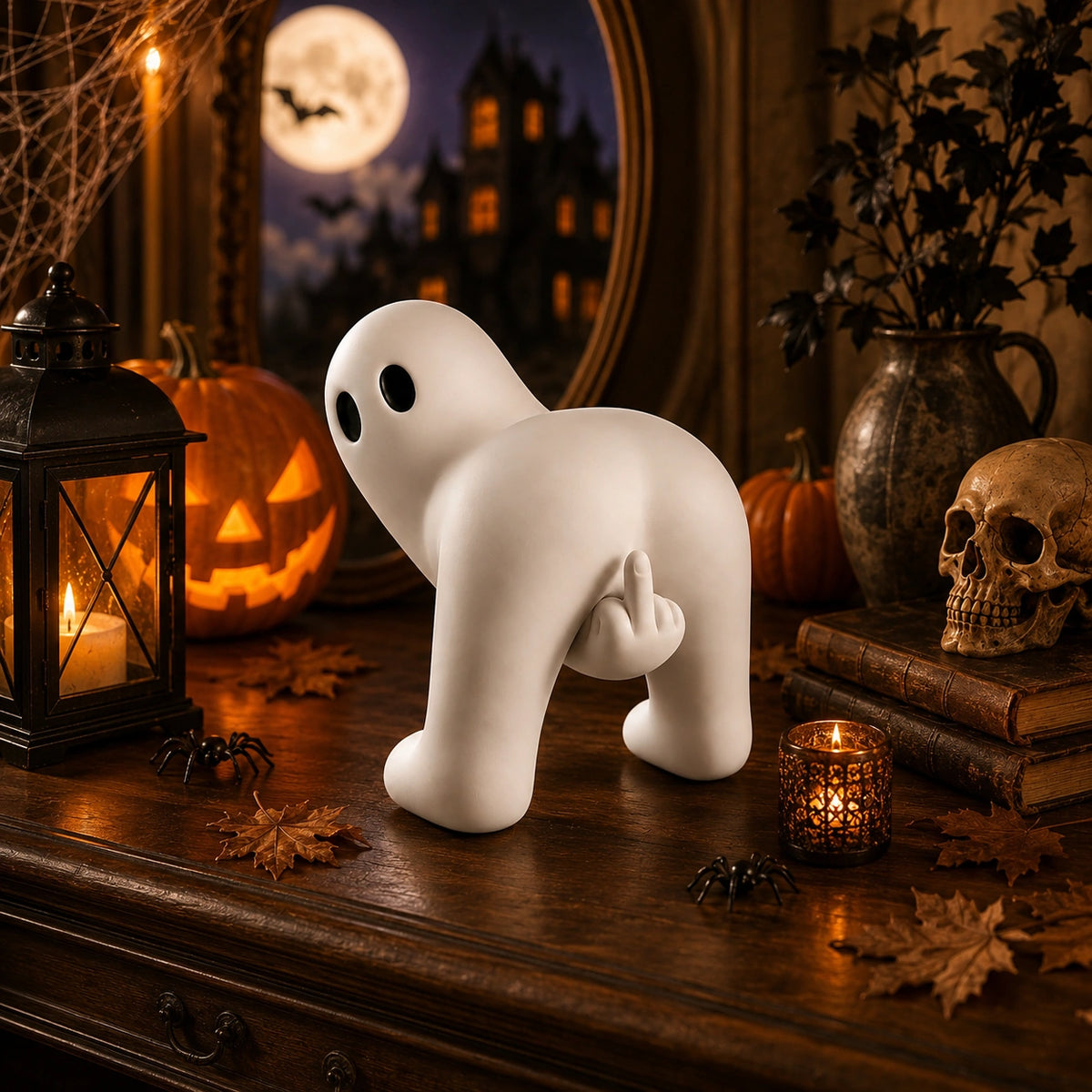 Funny Middle Finger Ghost Figurine – Halloween Desktop Decor