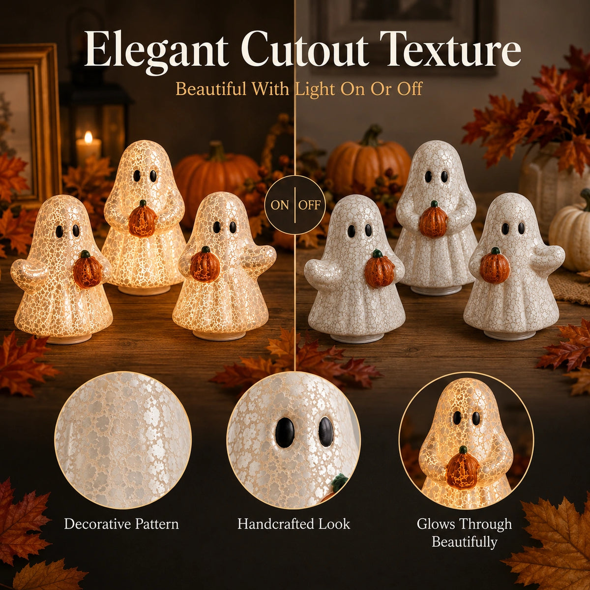 3-Piece Glowing Ghost Pumpkin Figurine Set – Halloween Resin LED Decor