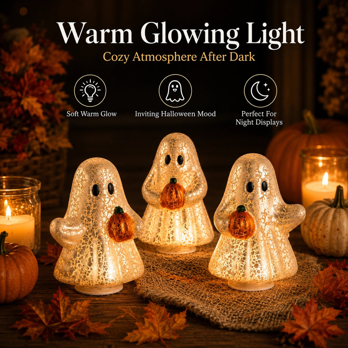 3-Piece Glowing Ghost Pumpkin Figurine Set – Halloween Resin LED Decor