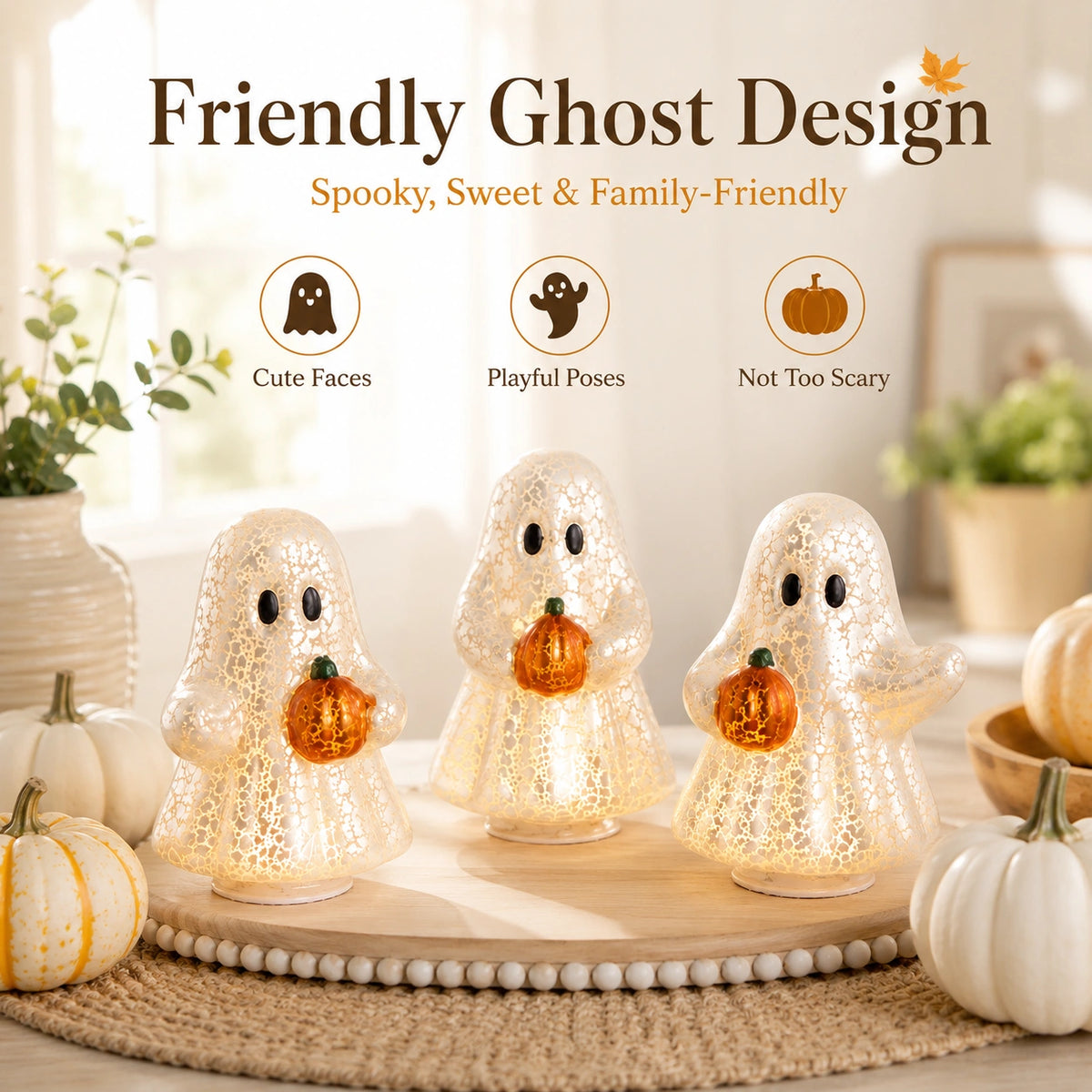 3-Piece Glowing Ghost Pumpkin Figurine Set – Halloween Resin LED Decor