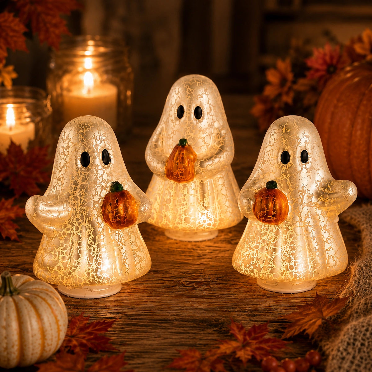 3-Piece Glowing Ghost Pumpkin Figurine Set – Halloween Resin LED Decor