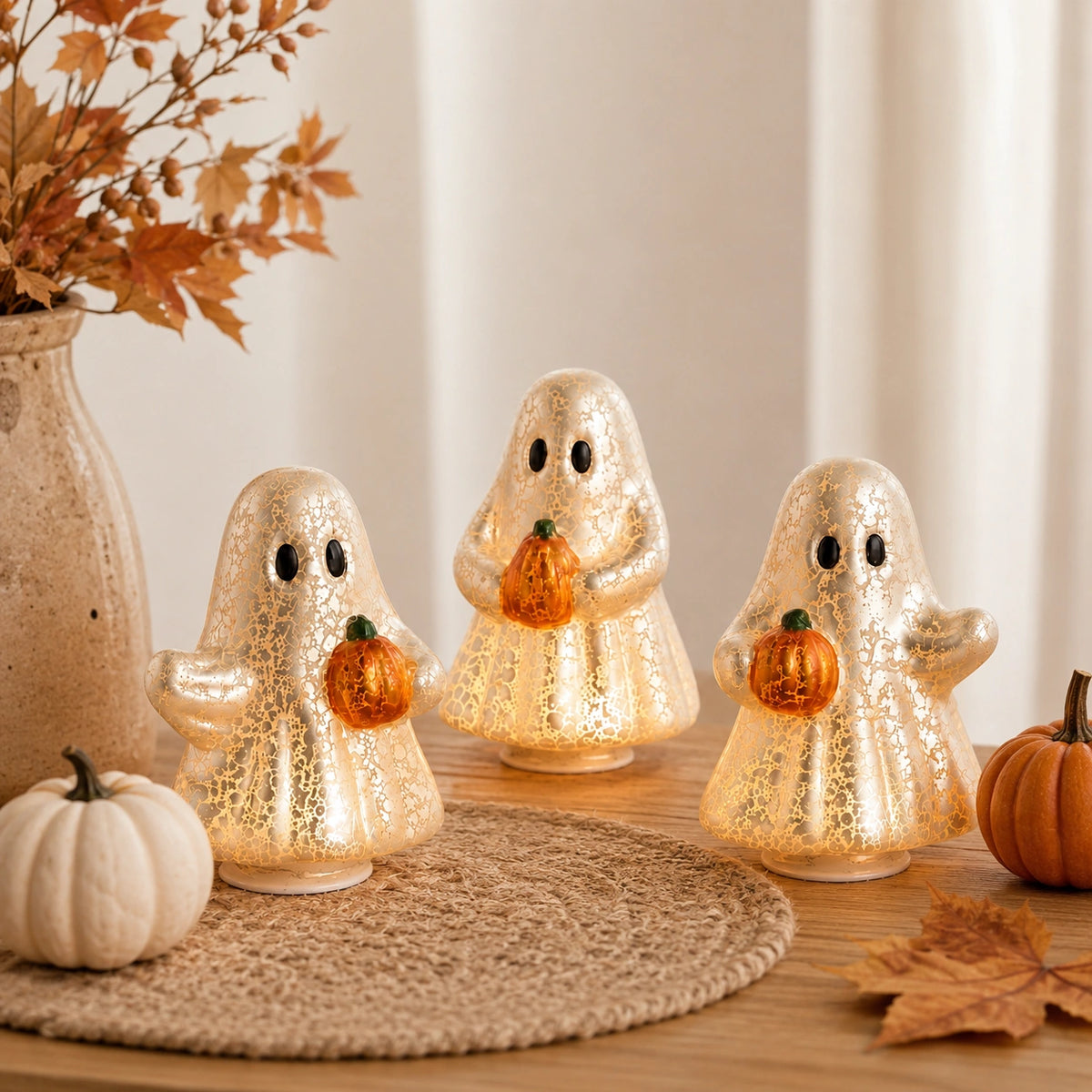 3-Piece Glowing Ghost Pumpkin Figurine Set – Halloween Resin LED Decor