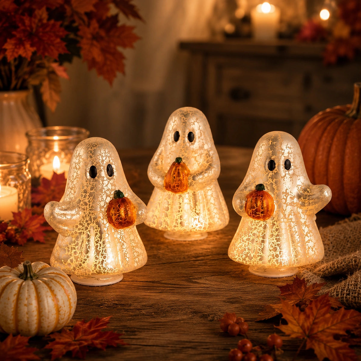 3-Piece Glowing Ghost Pumpkin Figurine Set – Halloween Resin LED Decor