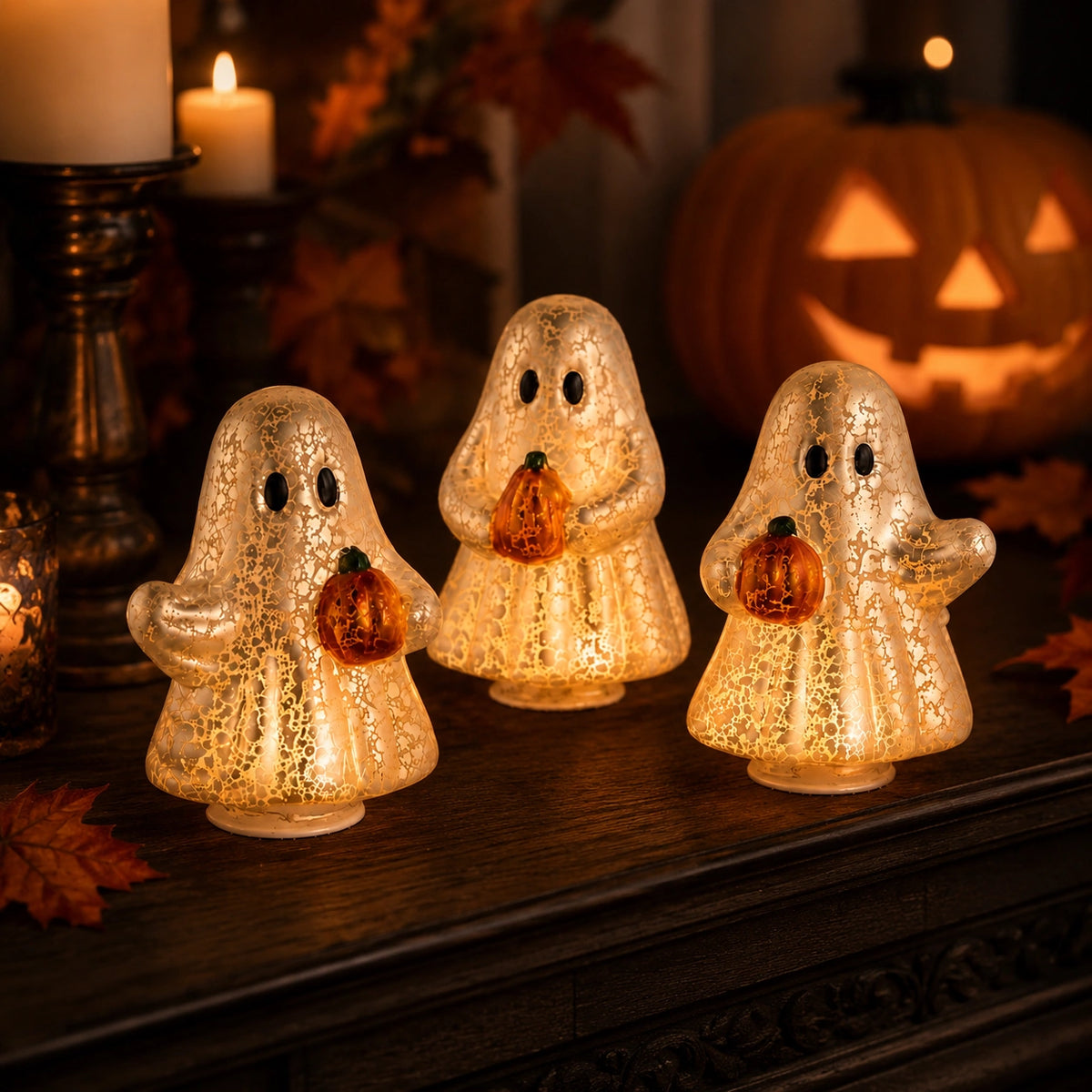 3-Piece Glowing Ghost Pumpkin Figurine Set – Halloween Resin LED Decor
