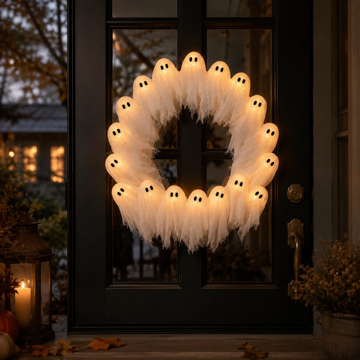 Light-Up Ghost Wreath – Halloween LED Door & Wall Decor