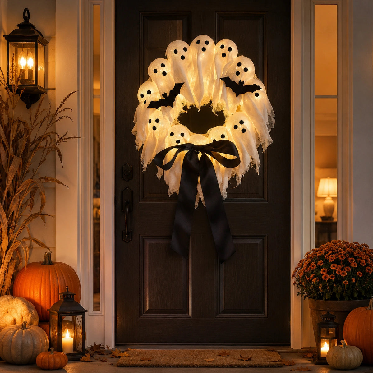 Light-Up Ghost Wreath – Halloween LED Door & Wall Decor