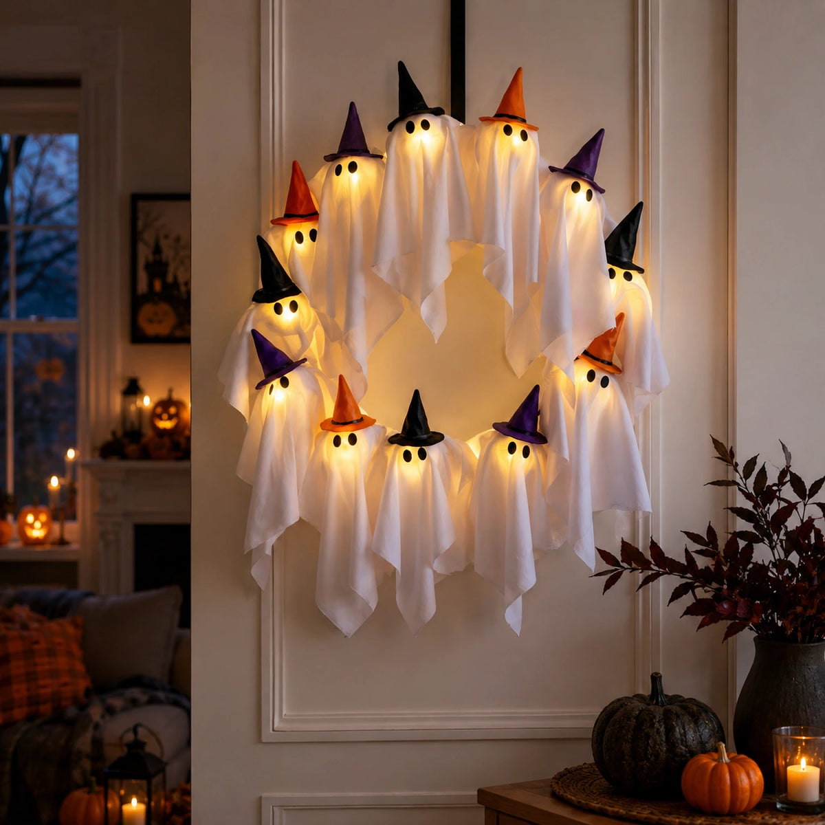 Light-Up Ghost Wreath – Halloween LED Door & Wall Decor